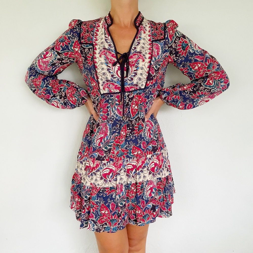 Anthropologie red blue floral paisley print long sleeve tie neck shift dress XS
